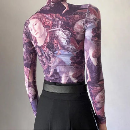 Purple Victorian Print Mesh Long Sleeve Shirt