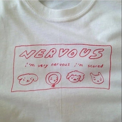 White Nervous Animal Graphic Cartoon Print Loose Oversized Short Sleeve T-shirt Top Summer Causal E-Girl Kawaii Korean Japanese Harajuku Streetwear