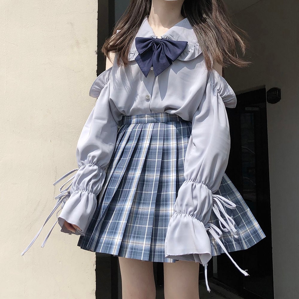 Blue Peterpan Collar Bow Lantern Long Sleeve Shirt