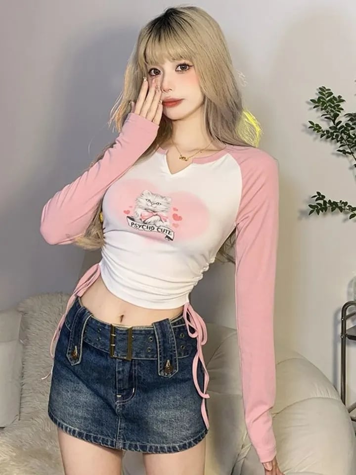 Sweet Pink Cat Print Long Sleeve T-shirt