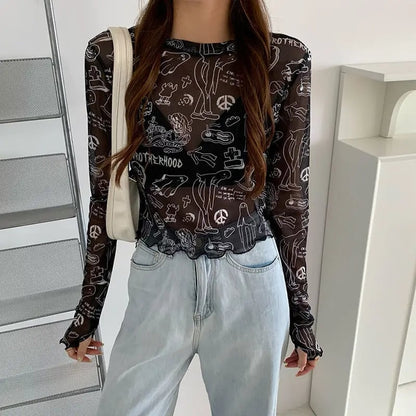 Spooky Mesh Ruffle Long Sleeve Shirt