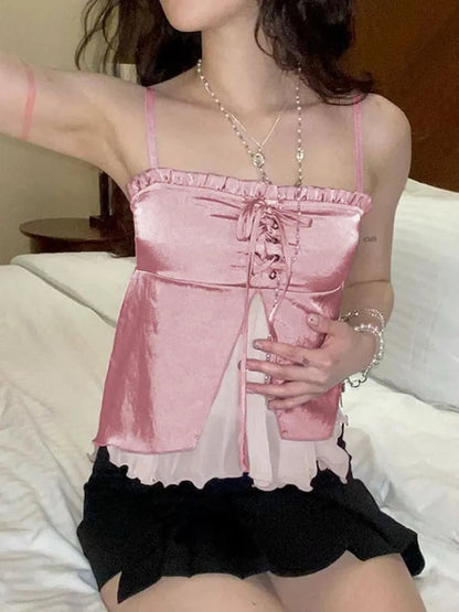 Pink Ruffle 2 Layer Satin Tank Top