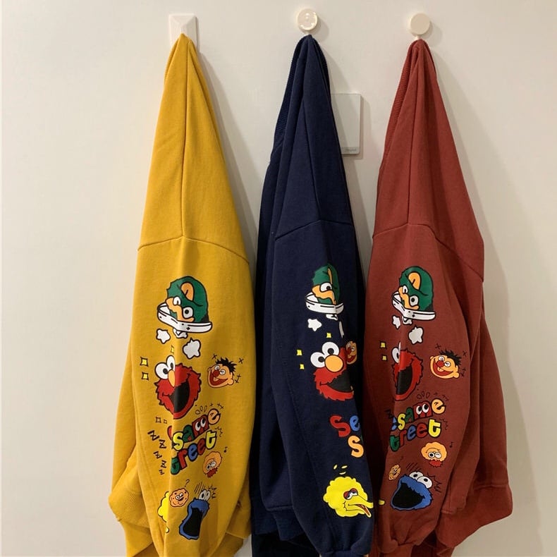 Funny Elmo Cartoon Print Loose Oversized Long Sleeve Sweatshirt Sweater Pullover Jumper Causal E-Girl Kawaii Korean Japanese Harajuku Streetwear