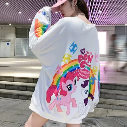 Cute Rainbow Colorful Pony Cartoon Print Oversized Sweatshirt Long Sleeve Shirt Pullover Aesthetic Casual E-Girl Kawaii Korean Japanese Harajuku