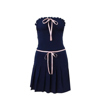 2PCS Blue Bow Strapless Top + Pleated Low Waist Skirt