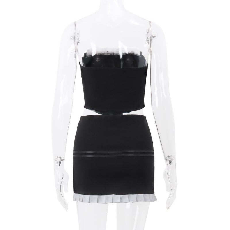 2PCS Black & White Strapless Top + Pleated Mini Skirt