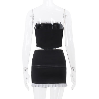 2PCS Black & White Strapless Top + Pleated Mini Skirt