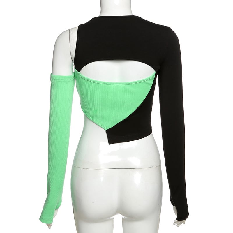 Green & Black Patchwork Hollow Out Long Sleeve Shirt