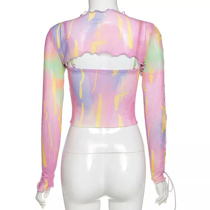 Cute Sexy 2PCS Colorful Hollow Out Long Sleeve Shirt Punk Summer Aesthetic Casual E-Girl Kawaii Korean Japanese Harajuku