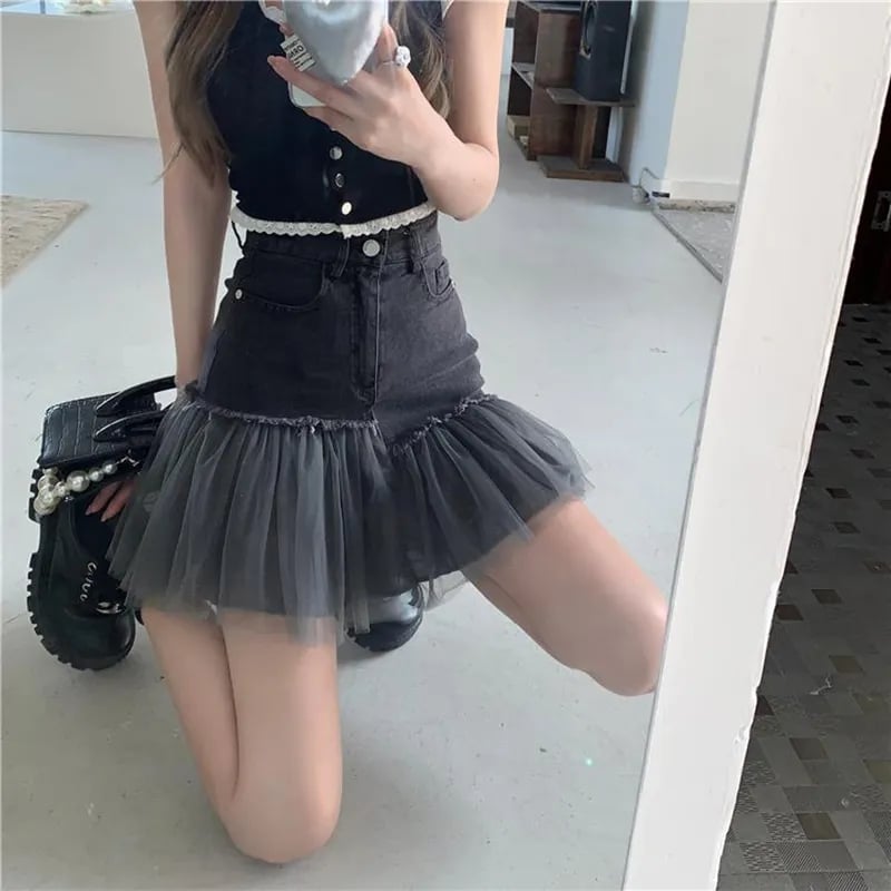 Black Tulle Patchwork Denim Skirt