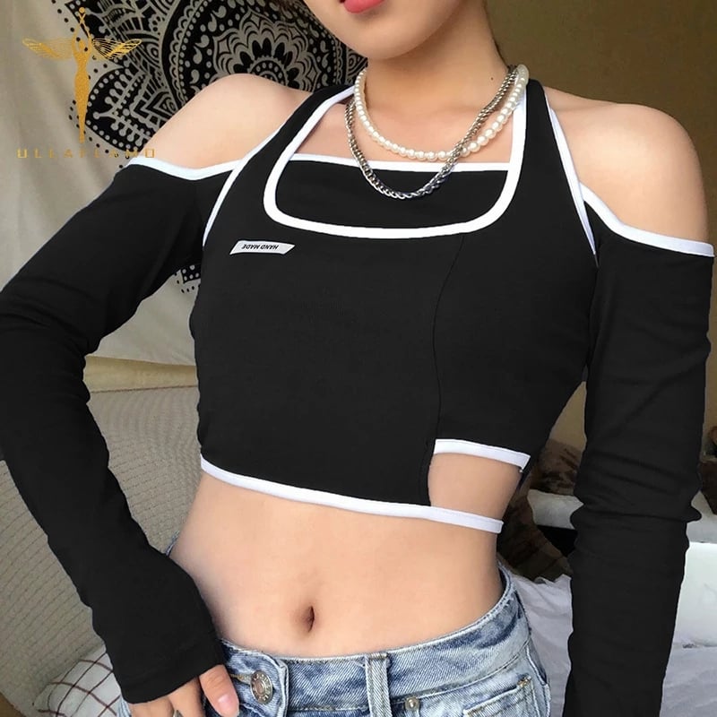 Blue Patchwork Halter Off Shoulder Hollow Crop Top Long Sleeve T-shirt Streetwear Summer Aesthetic Casual E-Girl Kawaii Korean Japanese Harajuku