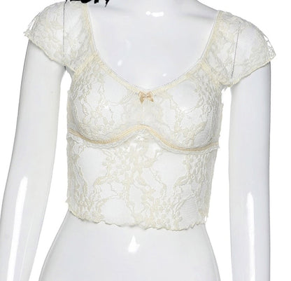 Cute Transparent Lace Mesh Sweet Crop Top Short Sleeve Shirt Tee T-shirt E-Girl Kawaii Korean Japanese Harajuku Chinese Retro Streetwear Aesthetic