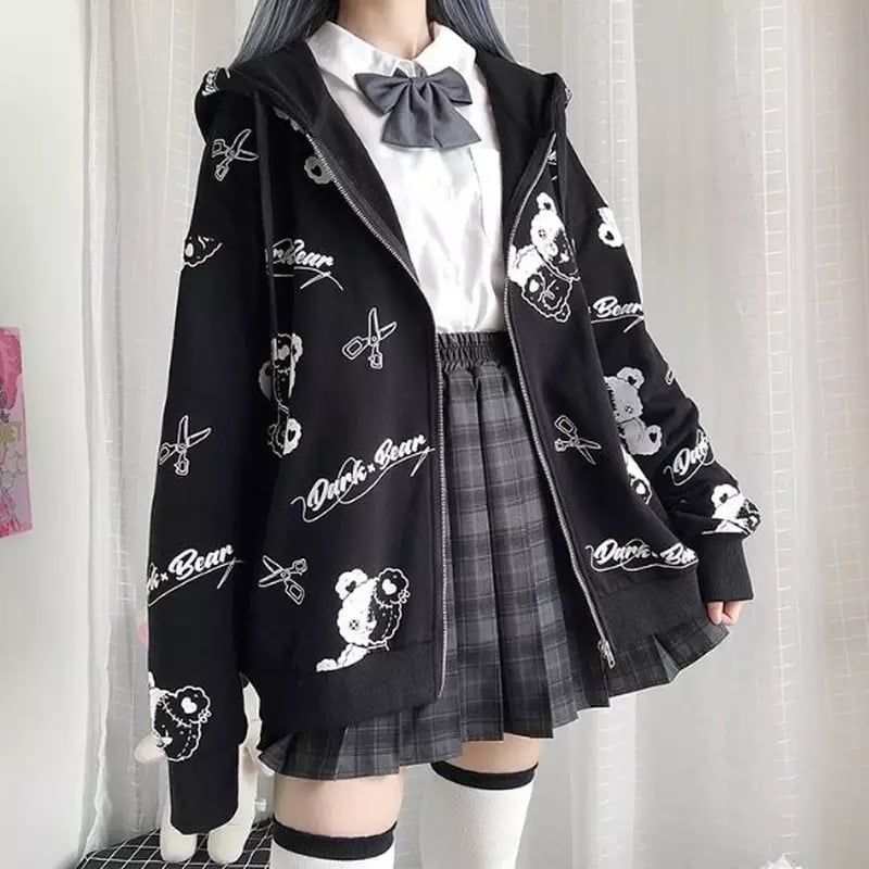 Teddy Bear Scissors Print Hoodie Zip Up Sweater Sweatshirt Long Sleeve Pullover Jumper Goth Punk E-Girl Kawaii Korean Japanese Harajuku Streetwear