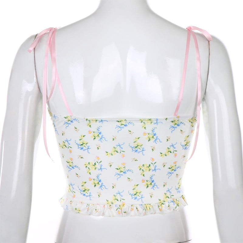 Lace Frill Floral Print Crop Top Summer Sleeveless Camisole Causal E-Girl Kawaii Korean Japanese Harajuku Streetwear