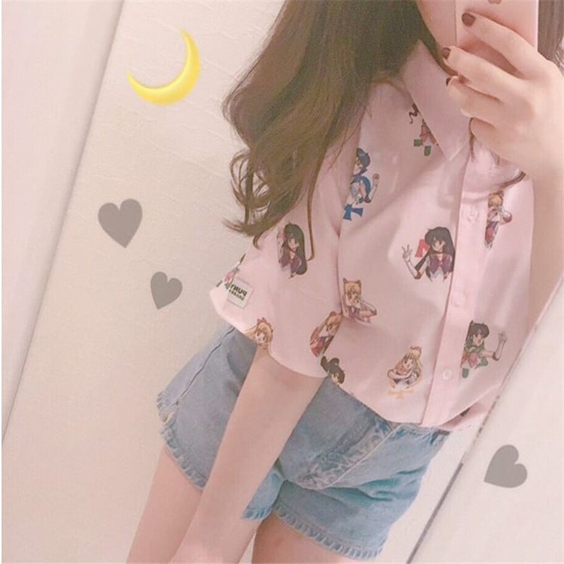 Pastel Anime Girl Japanese Print Cartoon Button Down Short Sleeve Shirt
