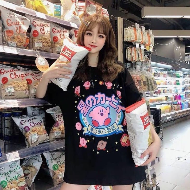 Pastel Pink Japanese Anime Graphic Cartoon Print Loose Short Sleeve T-shirt
