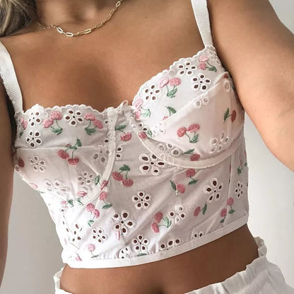 White Cherry Floral Embroidery Milkmaid Corset Top Summer Aesthetic Casual E-Girl Kawaii Korean Japanese Harajuku