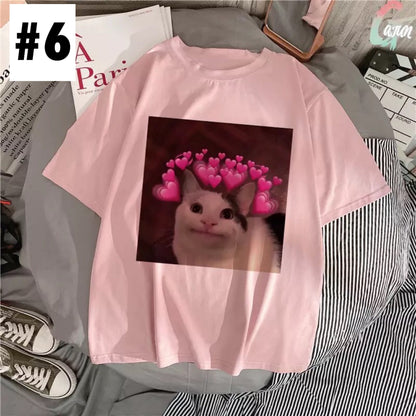 Cute Pink Funny Cat Kitten Meme Cartoon Print Loose Short Sleeve Short T-shirt Tee Top Summer Casual E-Girl Kawaii Korean Japanese Harajuku Streetwear