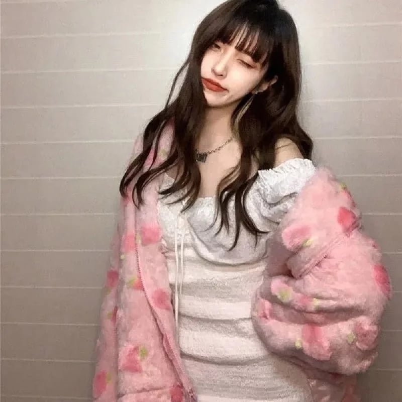 Cute Sweet Pink Peach Plush Oversized Thick Warm Jacket Zipper Hoodie Sweater Winter Autumn Aesthetic Casual E-Girl Kawaii Korean Japanese Harajuku