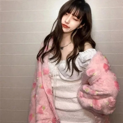 Cute Sweet Pink Peach Plush Oversized Thick Warm Jacket Zipper Hoodie Sweater Winter Autumn Aesthetic Casual E-Girl Kawaii Korean Japanese Harajuku