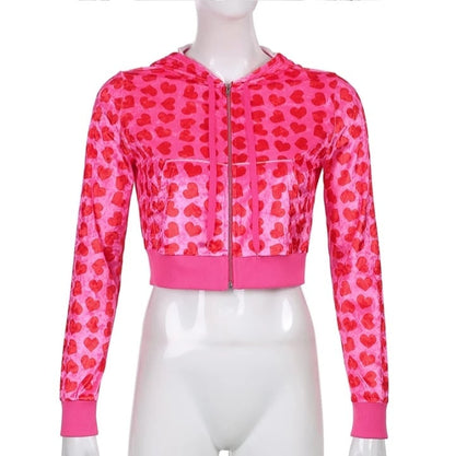 Cute Pink Heart Print Velvet Tracksuit Set Long Sleeve Cropped Hoodie + Sweatpants Aesthetic Casual Summer E-Girl Kawaii Korean Japanese Harajuku