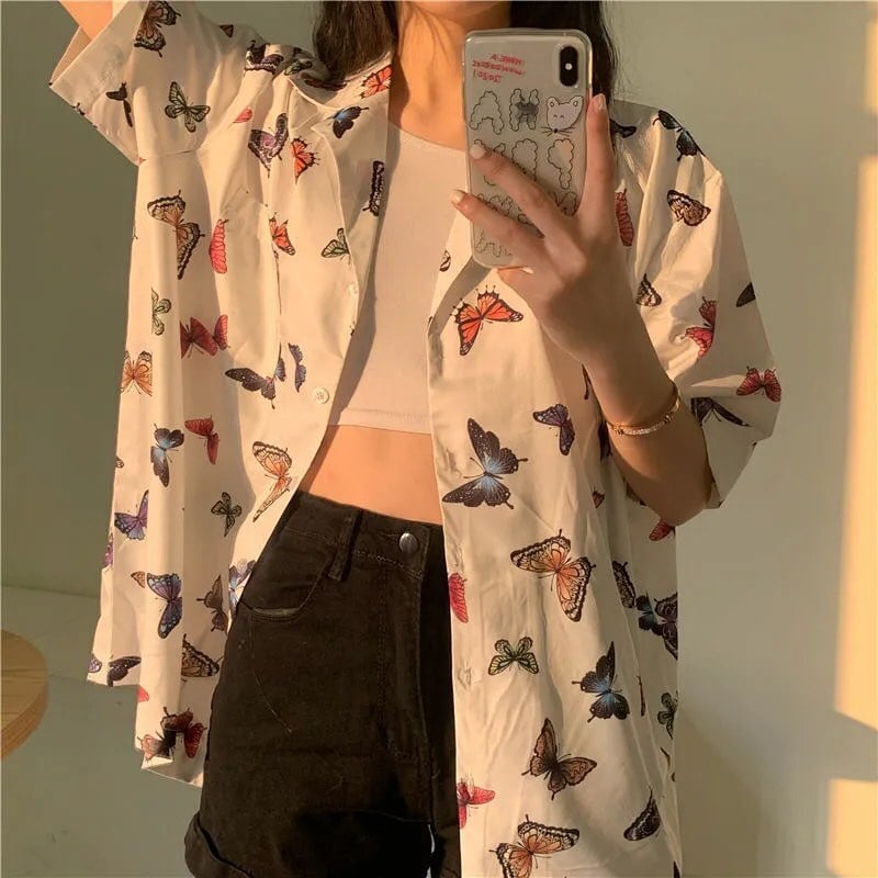 Cute Vintage White Butterfly Print Button Up Pocket Blouse Short Sleeve Shirt Top Loose Aesthetic E-Girl Kawaii Korean Japanese Harajuku Streetwear