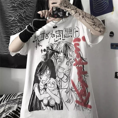 Dark Anime Girl Cartoon Print Loose Short Sleeve T-shirt Top Summer Causal Goth Punk E-Girl Kawaii Korean Japanese Harajuku Streetwear