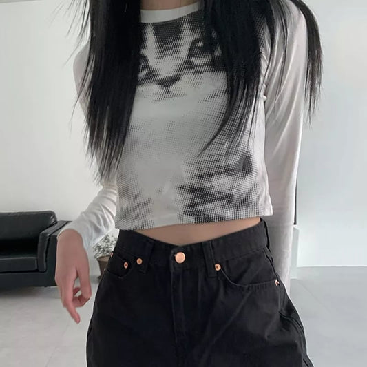 Indie Cat Print Long Sleeve T-shirt