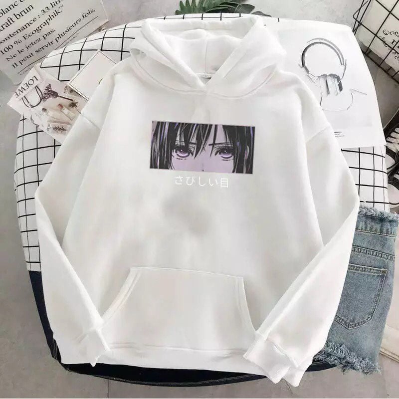 Cute Anime Girl Sad Eyes Hoodie Loose Long Sleeve Sweatshirt Sweater Pullover Jumper Casual E-Girl Kawaii Korean Japanese Harajuku Streetwear