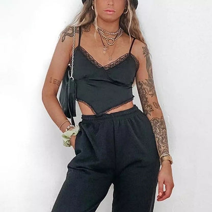 Sexy Bandage Lace Trim Sweet Satin V Neck Crop Top Camisole Spaghetti Strap Backless Shirt E-Girl Kawaii Korean Japanese Harajuku Streetwear