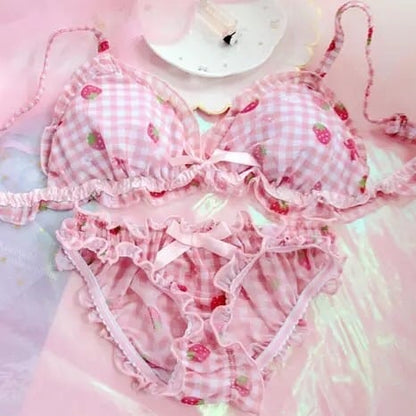 Strawberry Print Bra + Panty Set Lingerie Underwear Summer Aesthetic Casual E-Girl Kawaii Korean Japanese Harajuku