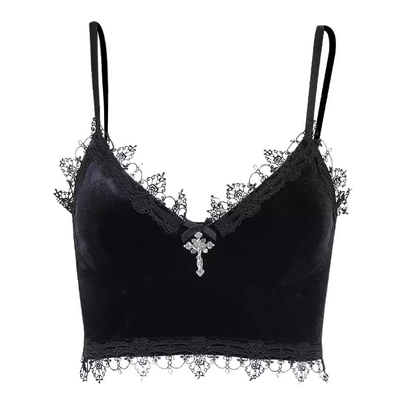 Cute Sexy Black Lace Trim Cross Goth Punk Backless Crop Top Tank Sleeveless Shirt Summer Casual E-Girl Kawaii Korean Japanese Harajuku Streetwear