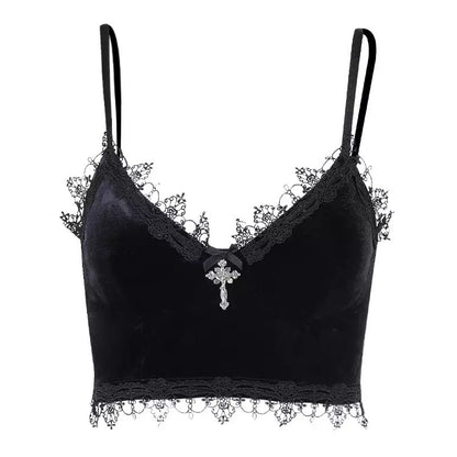 Cute Sexy Black Lace Trim Cross Goth Punk Backless Crop Top Tank Sleeveless Shirt Summer Casual E-Girl Kawaii Korean Japanese Harajuku Streetwear