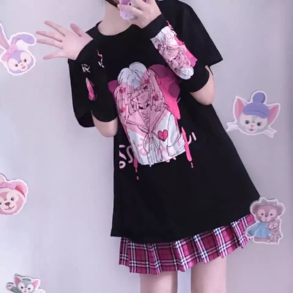 Cute Black Punk Goth Anime Girl Cartoon Print Short Sleeve Shirt Oversized Loose T-shirt Tee Top E-Girl Kawaii Korean Japanese Harajuku Streetwear