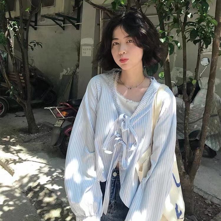 Blue Striped Bandage Long Sleeve Blouse