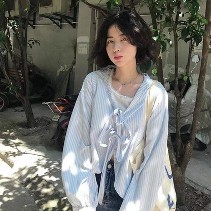 Blue Striped Bandage Long Sleeve Blouse