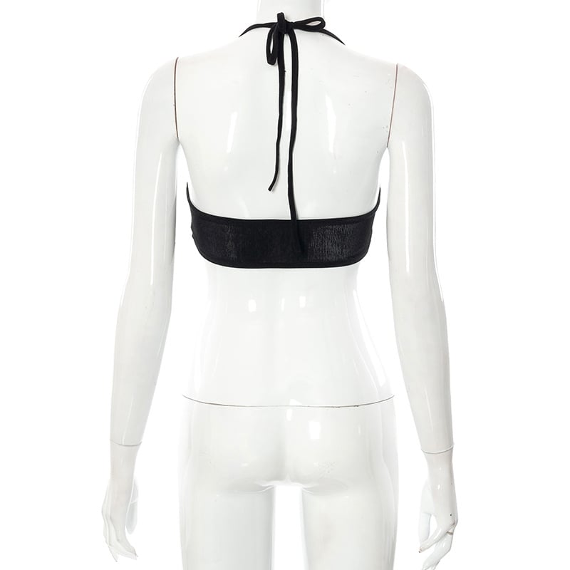 Black Lace Up Circle Rhinestone Halter Top