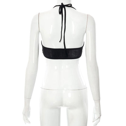 Black Lace Up Circle Rhinestone Halter Top
