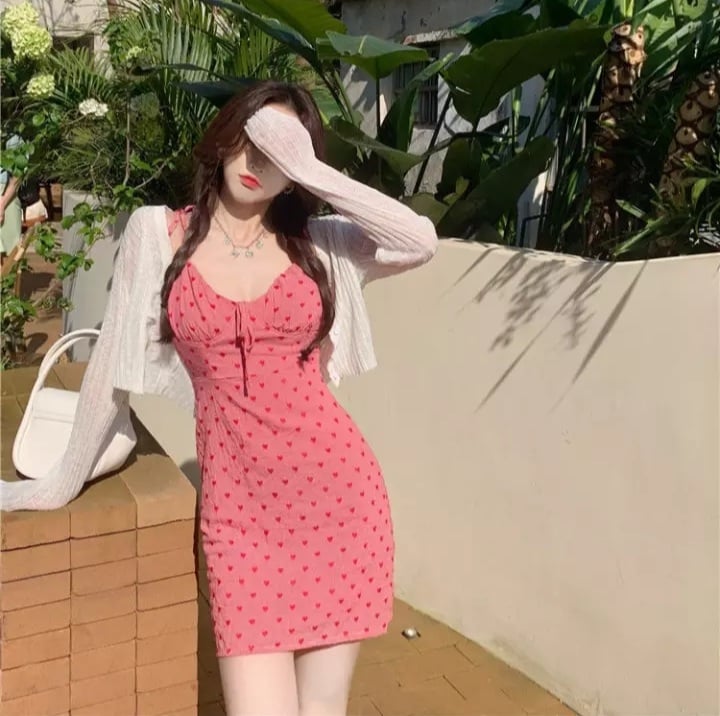 Cute Pink Heart Print Spaghetti Strap Sleeveless V-Neck Dress Summer Aesthetic Casual E-Girl Kawaii Korean Japanese Harajuku