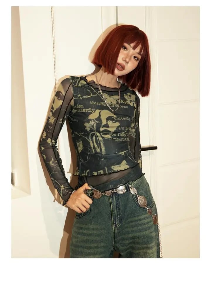 Butterfly Print Mesh Long Sleeve Shirt