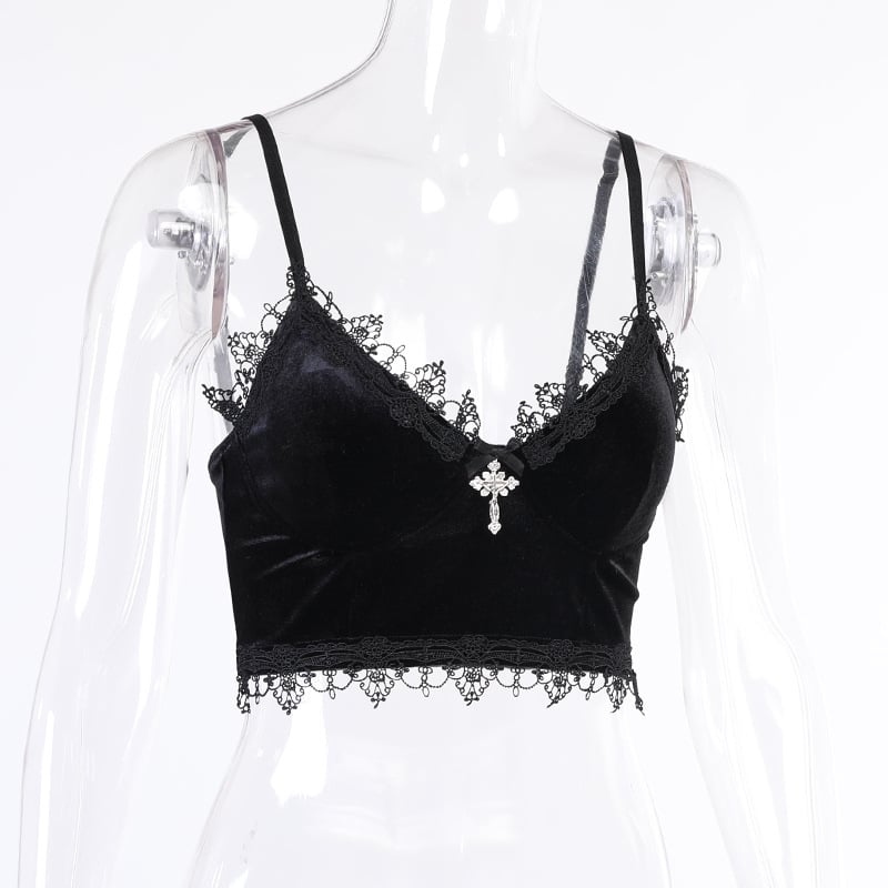 Cute Sexy Black Lace Trim Cross Goth Punk Backless Crop Top Tank Sleeveless Shirt Summer Casual E-Girl Kawaii Korean Japanese Harajuku Streetwear
