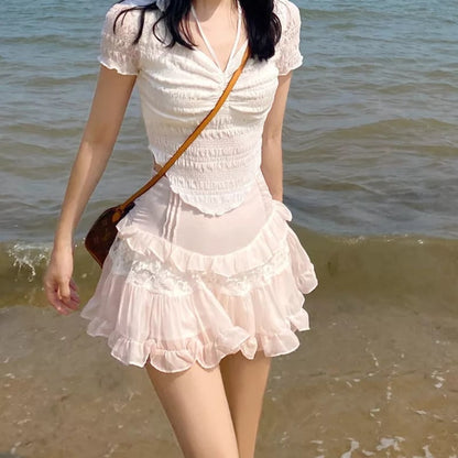 Sweet Lace Ruffle Mesh Fairycore High Waist Mini Skirt