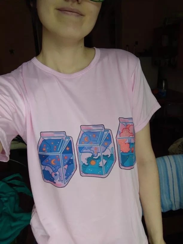 Cute Pink Milkshakes Drink Summer Pastel Print Short Sleeve Shirt Tee T-shirt E-Girl Kawaii Korean Japanese Harajuku Retro Streetwear Aesthetic