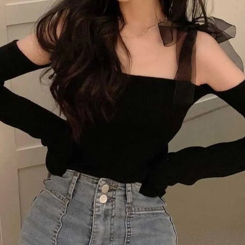 Black Bow Off Shoulder Mesh Sweater