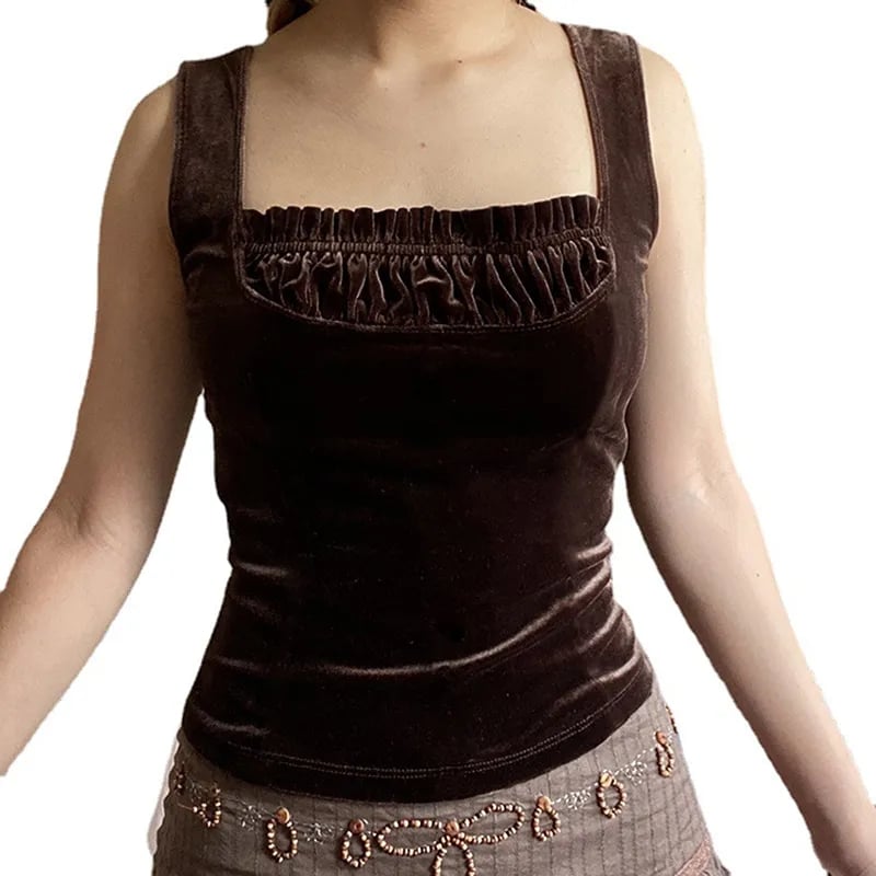 Brown Velvet Patchwork Tank Top