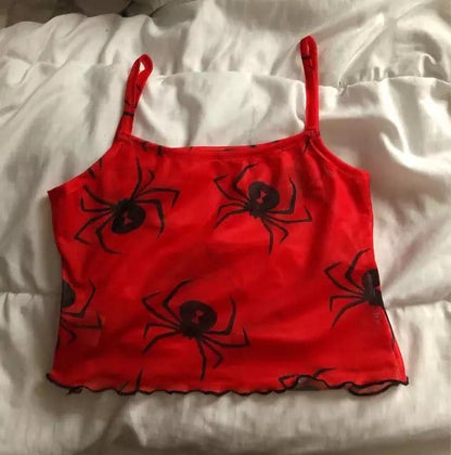 Cute Spider Skull Mesh Transparent See Through Camisole Tank Crop Top Sleeveless Goth Punk Casual E-Girl Kawaii Korean Japanese Harajuku Streetwear