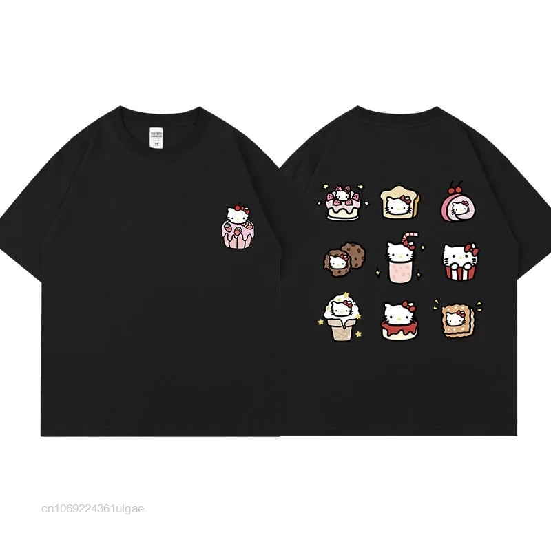 Cat Anime Dessert Print Short Sleeve T-shirt