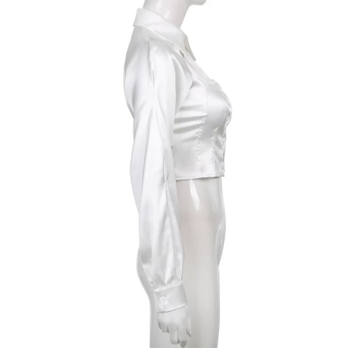Cute White Silk Hollow Out Collar Cropped Top Long Sleeve Shirt Blouse Elegant Aesthetic Casual E-Girl Kawaii Korean Japanese Harajuku
