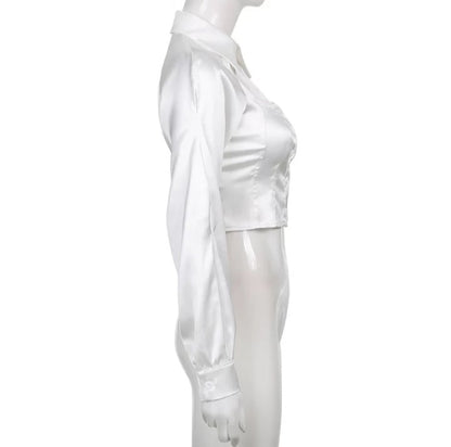 Cute White Silk Hollow Out Collar Cropped Top Long Sleeve Shirt Blouse Elegant Aesthetic Casual E-Girl Kawaii Korean Japanese Harajuku
