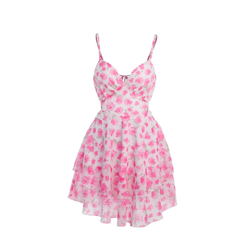 Pink Floral V Neck Mini Dress